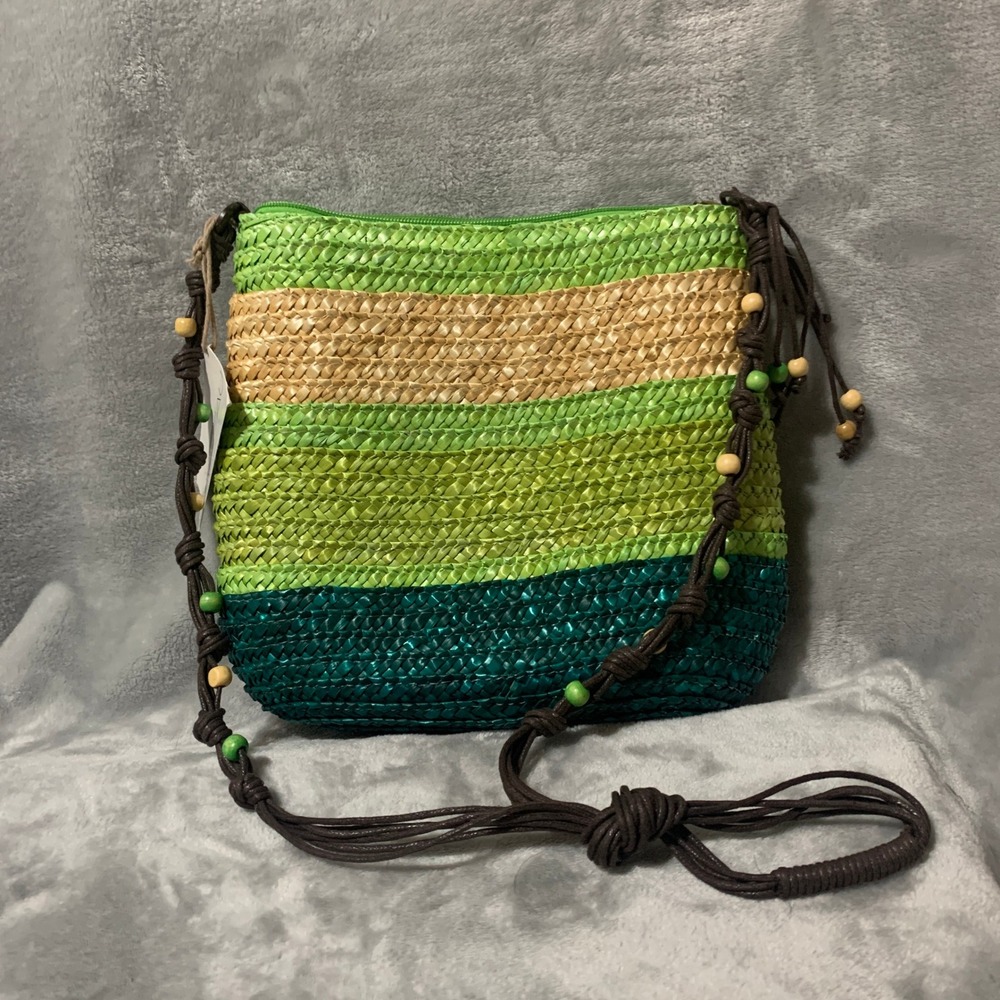 Nouveau‎ Green Striped Straw Medium Crossbody Bag Beaded Strap Green Blue Summer
